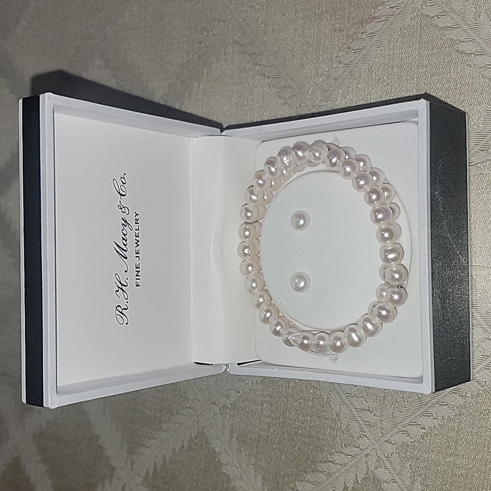 Macys Fine Sterling Silver Real White Pearls Multi-Layer Bracelet & Earrings